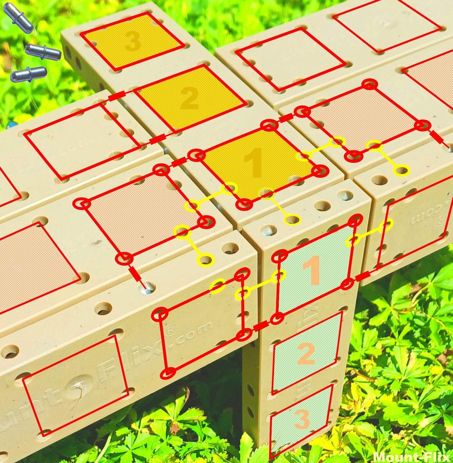 Mount-Flix Bausteine mit erklärter Stecksystematik / 
block with shown pin position system 